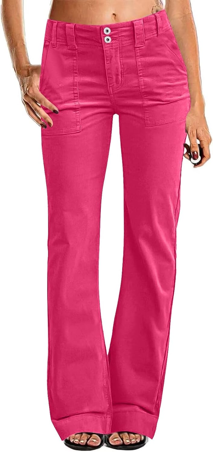 Casual Flare Pants for Women Classic Stretch Twill Pants High Waisted Chino Pants Comfy Wide Leg Pants with Pockets