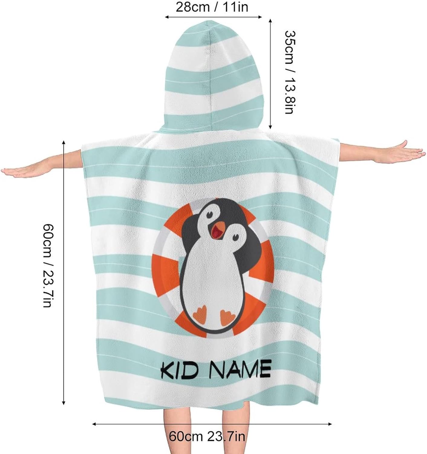 Custom Kids Beach Towel with Hood for Boys Girls Penguin Personalized Add Your Text Customized Soft Bath Towel Swim Poncho Cover Up