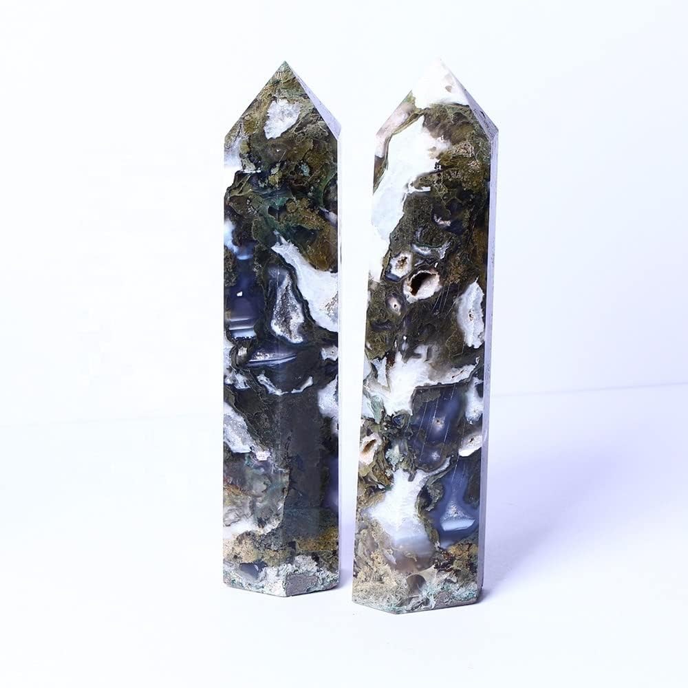 Quartz Decoration 1PC Natural Crystal Wand tip Moss Agate Tower can be Used for Decoration (Size : 7-8cm)
