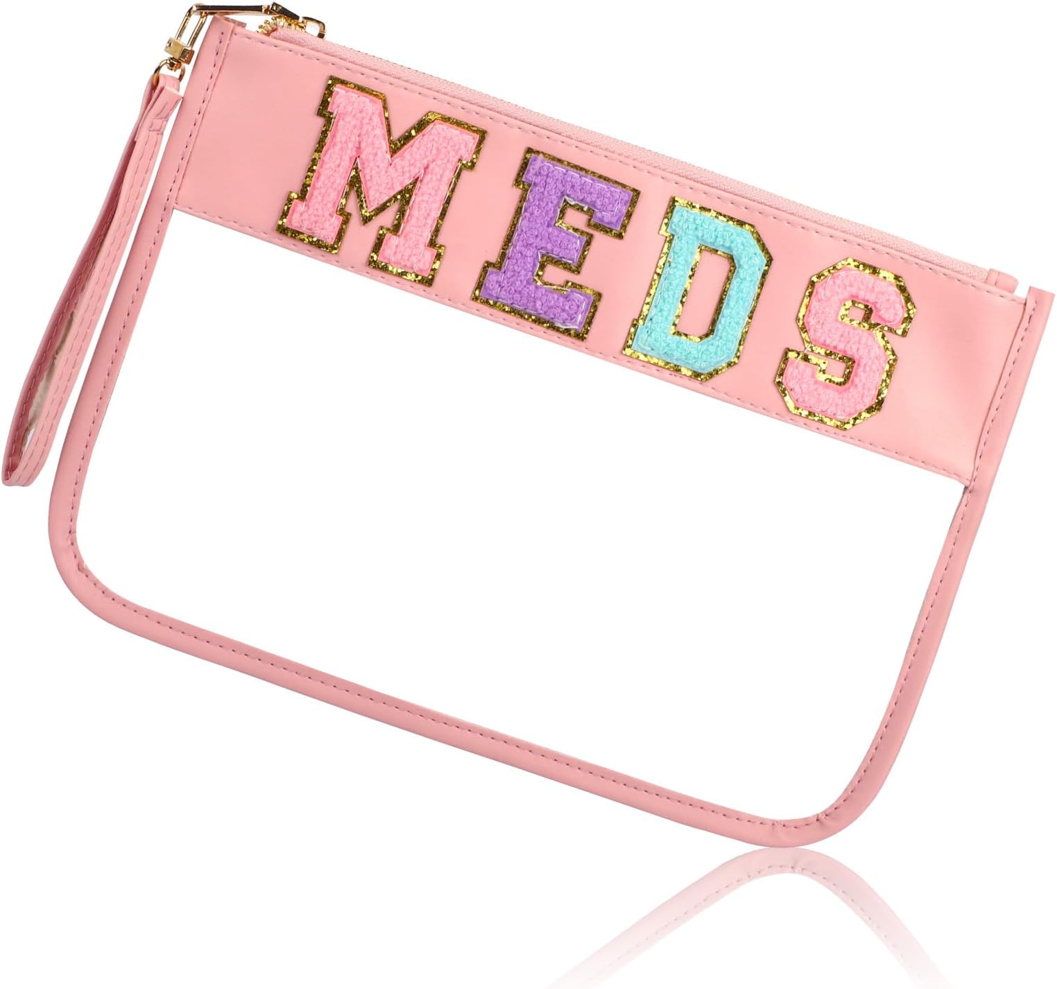 Letter Embroidery Preppy Medicine Bag, Waterproof Clear Makeup Bag, Travel Toiletry Storage Bag, Multifunction PVC Cosmetic Bag for Women Girls (Pink)