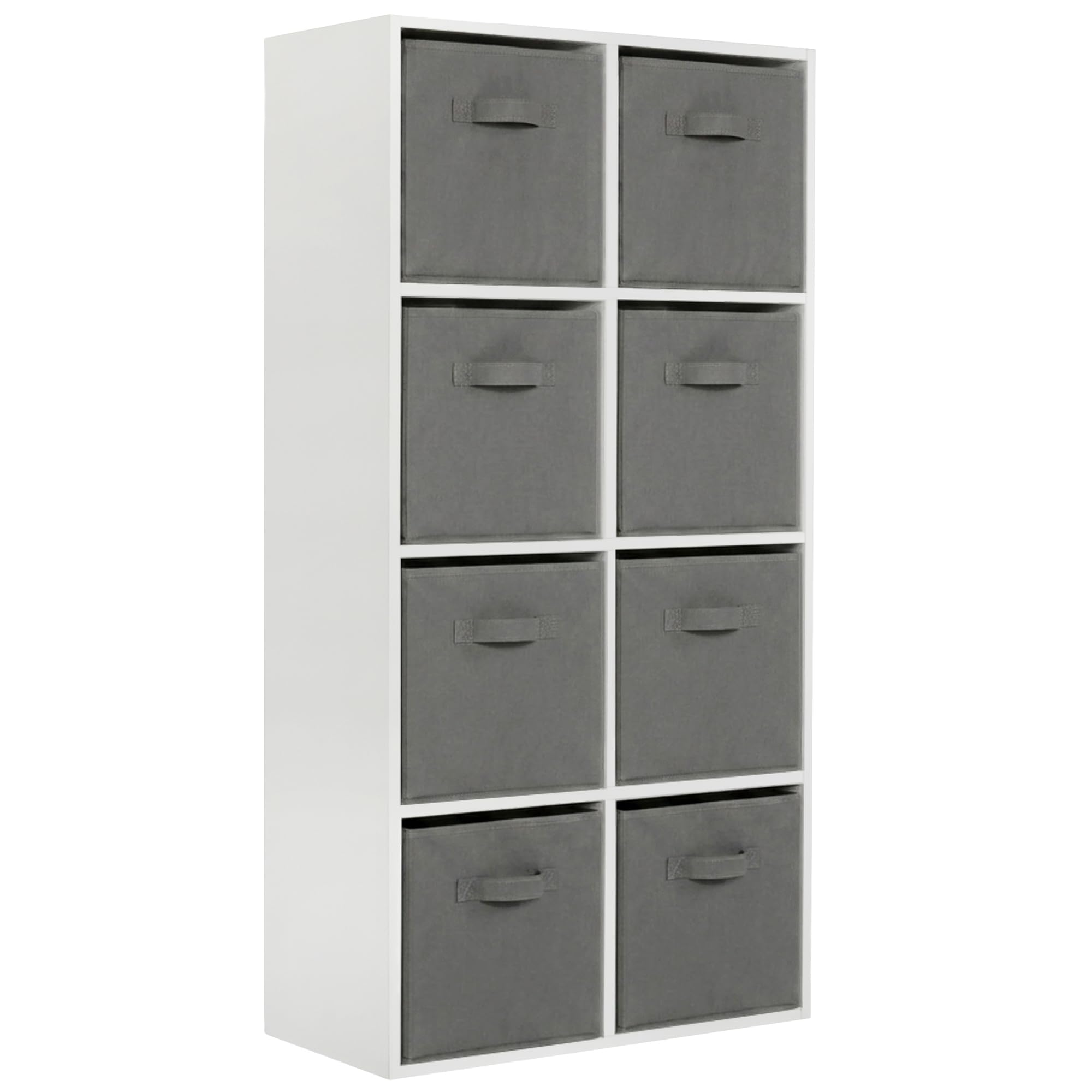 Charles Jacobs Modern White 8 Cube Storage Shelving Unit + 8 Grey Fabric Drawers