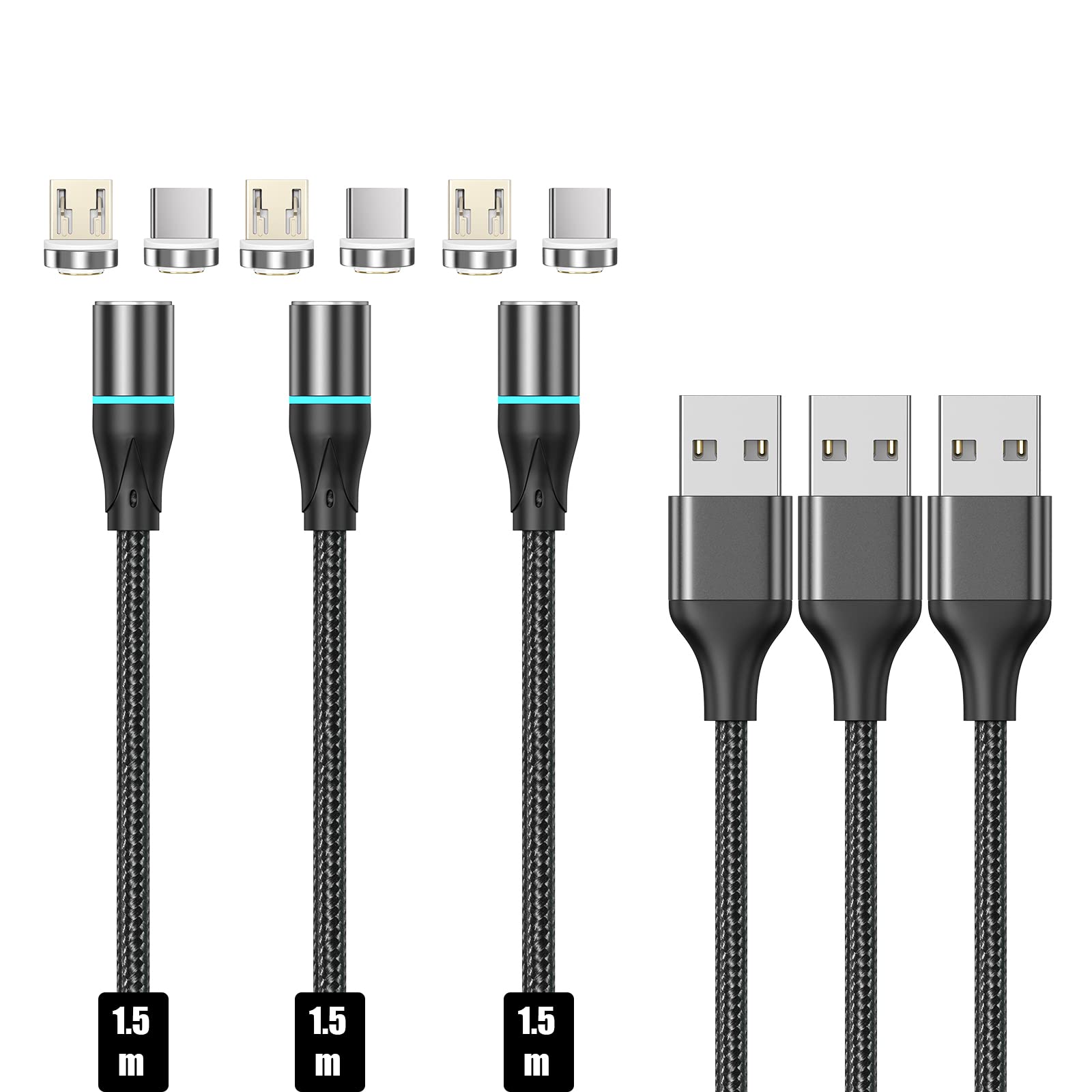NetDot Gen12 Nylon Braided Magnetic Charging Cable and Data Transfer with LED Compatible Micro USB and USB-C Phones (1.5 m/3 Pack, Black)