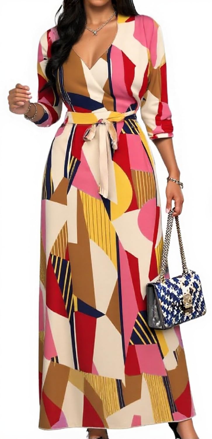 Women's Church Maxi Wrap V Neck 3/4 Sleeve Tie Waist Plus Size Long Dress