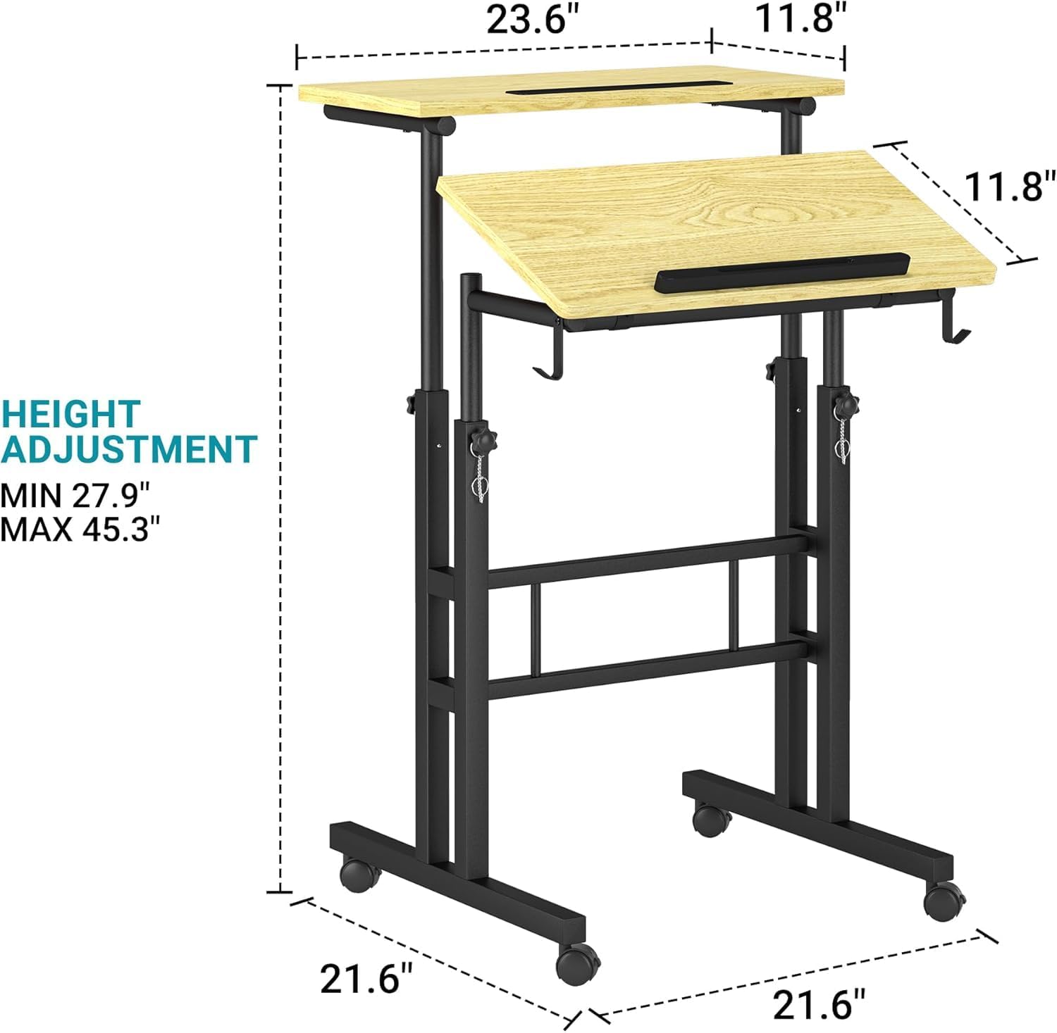 Klvied Stand Up Desk on Wheels, Portable Computer Desk for Home Office,Rolling Desk for Laptop with Removable Cup Holder, Adjustable Laptop Cart for Standing or Sitting,Natural