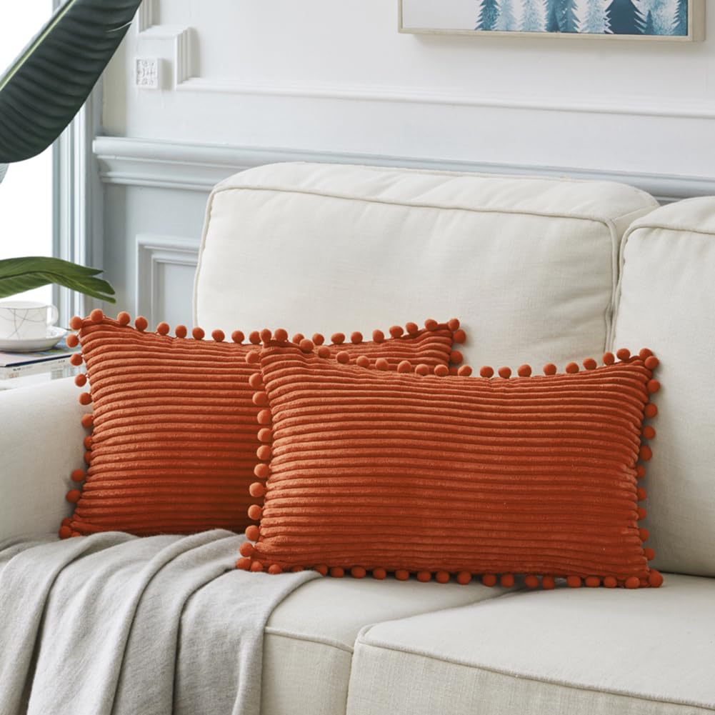 Fancy Homi2 Pack Burnt Orange Lumbar Decorative Throw Pillow Covers 12x20 Inch with Pom-poms for Couch Bedroom Sofa, Soft Corduroy Rectangle Cushion Case 30x50 cm, Farmhouse Boho Fall Home Decor