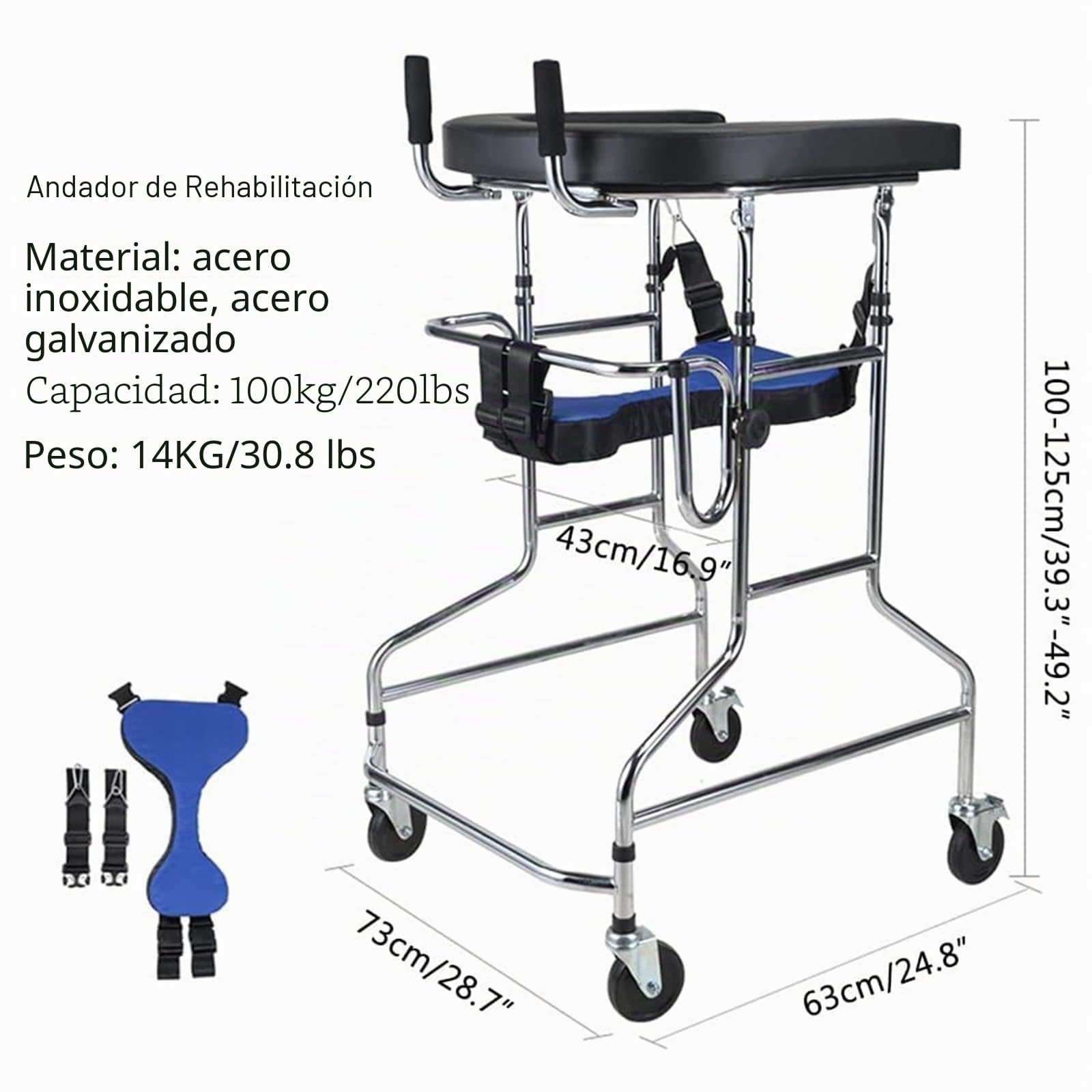 Andador vertical para personas mayores con asiento, para rehabilitación de hemiplejia, para adultos, portátil, andador, ideal para personas con discapacidad, 100-125 cm