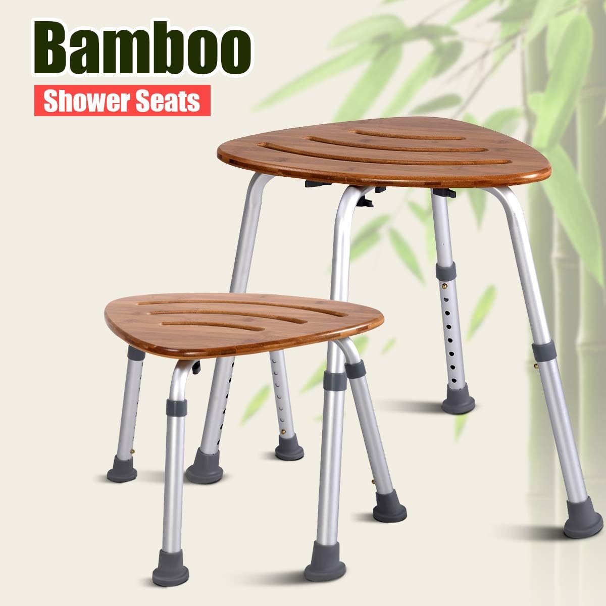 Goplus Bamboo Bath Seat, Waterproof Bathroom Shower Seat, Triangular Fanshaped with Slip-Resistant Rubber Bathroom Organizer, Weight Capacity: 350 Lbs