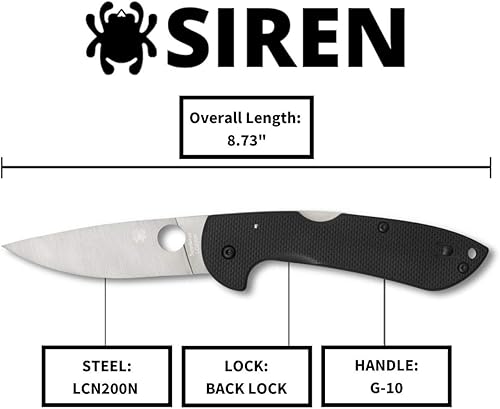 Miniatura 5 de Spyderco Cuchillo Siren Premium con hoja de acero LC200N de 3.6 pulgadas y mango G-10 negro texturizado grueso - PlainEdge - C247GP
