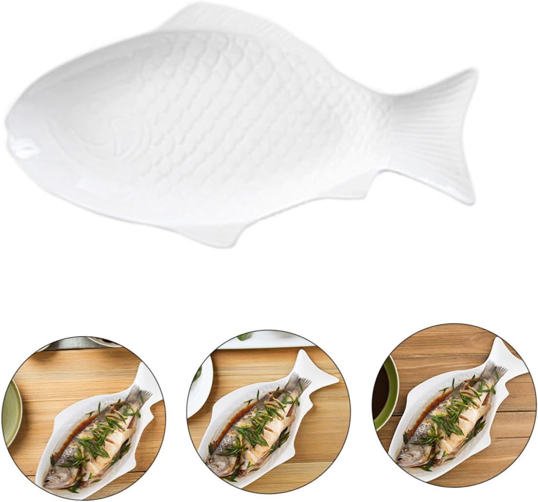 Cabilock Ceramic Fish Dish Plate Serving Platter Dinner Plate Cheese Dessert Lunch Pasta Meals Tray Plate (15 Inches + White)