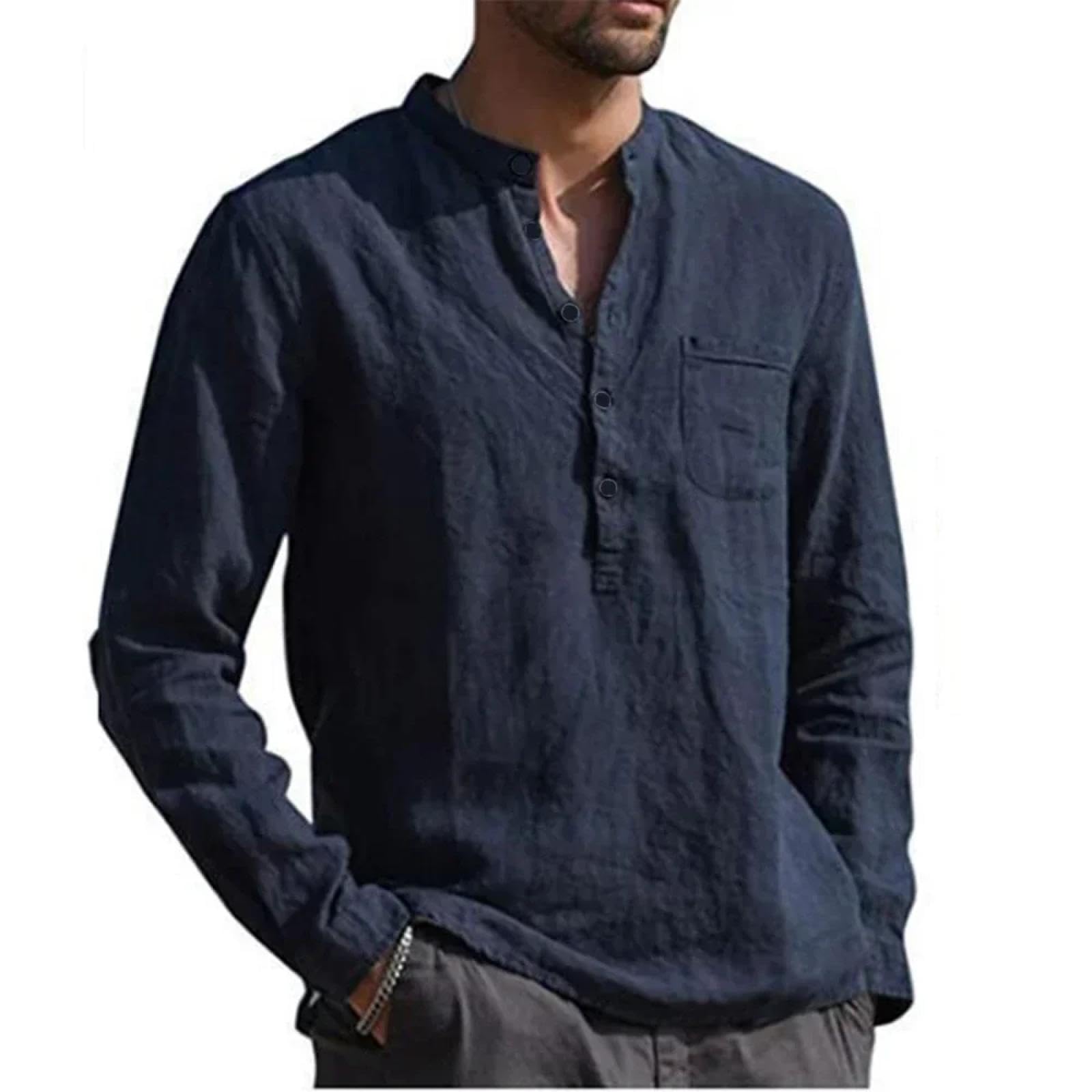 T Shirts Hemd Baumwolle Leinen Herren Langarmhemd Einfarbig Kragen Casual Beach Shirt Langarm T-Shirt Herren