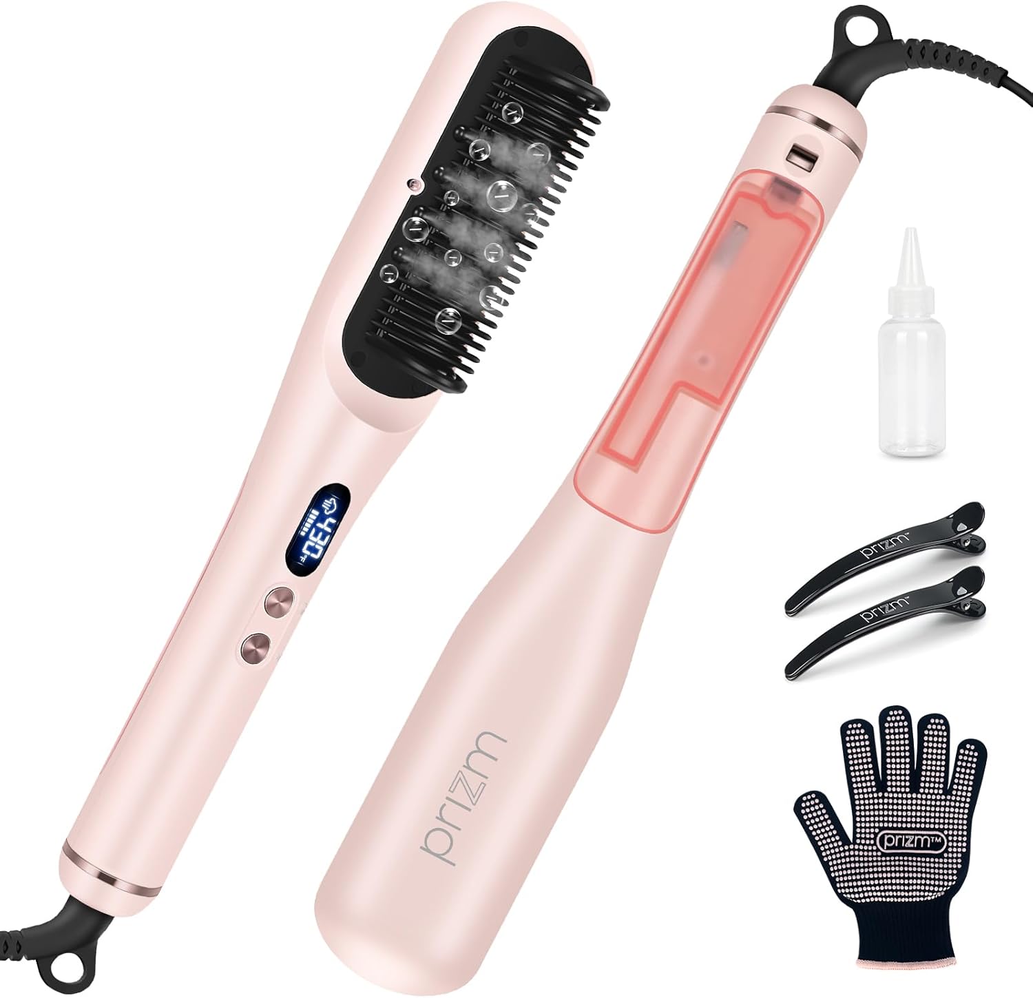 Prizm Pro Steam Hair Straightener Brush - Ionic Steam Straightening Brush for Curly Hair, Anti-Scald Ceramic Straightener Comb with LCD Display for Super Smooth, Frizz Free Hair, 4 Heat Settings, Pink