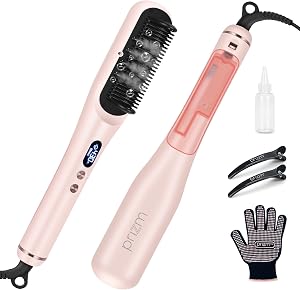Prizm Pro Steam Hair Straightener Brush - Ionic Steam Straightening Brush for Curly Hair, Anti-Scald Ceramic Straightener Comb with LCD Display for Super Smooth, Frizz Free Hair, 4 Heat Settings, Pink
