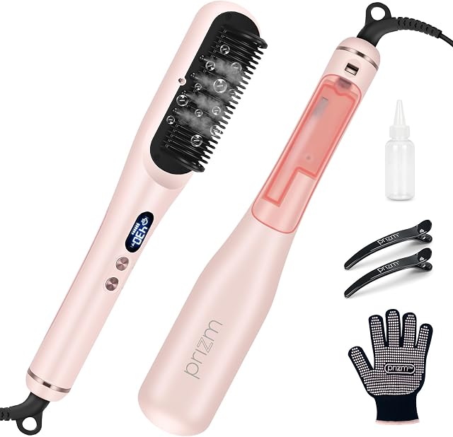 Prizm Pro Brosse de lissage des cheveux à vapeur - Brosse de redressage à vapeur ionique pour cheveux bouclés, Peigne de redressage en céramique anti-calcaire LCD Affichage pour Super Smooth, cheveux sans frisottis, 4 Paramètres de chaleur, rose