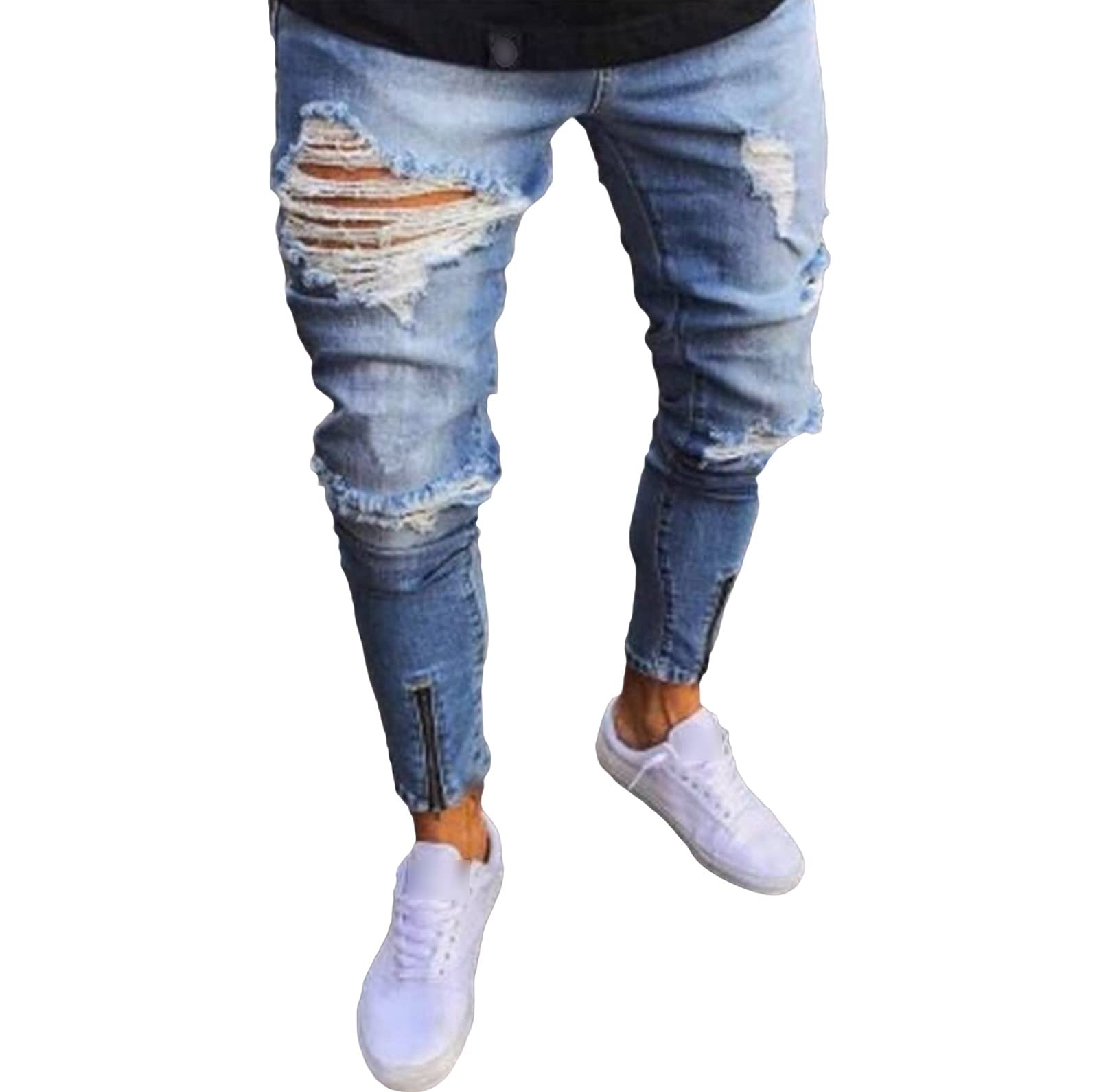 Maiyifu-GJ Men's Ripped Skinny Slim Jeans Destroyed Ankle Zipper Denim Pencil Pants Distressed Tapered Leg Jean Trousers (Light Blue,3X-Large)