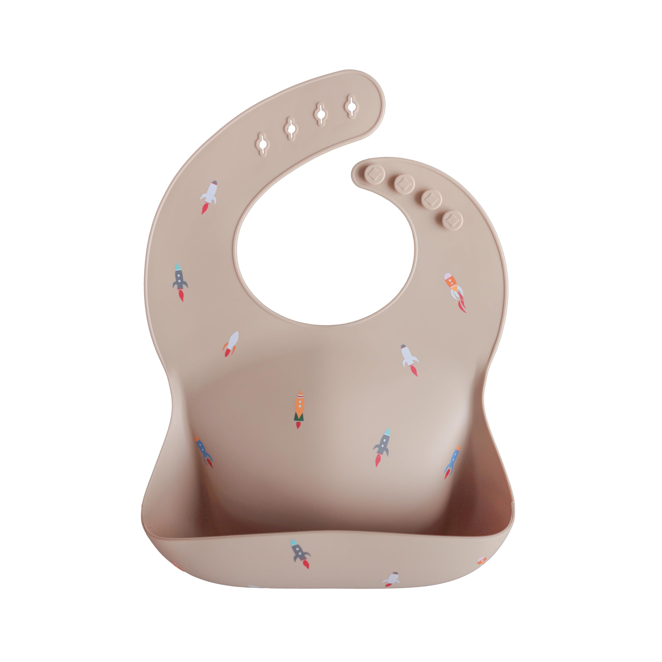mushie Baby Silicone Bib | Adjustable Fit Waterproof Bibs | Easy Wipe Baby Feeding Bibs | 4 Adjustable Sizes with Deep Front Pockets | 100% BPA and Phthalate Free (Rocket)