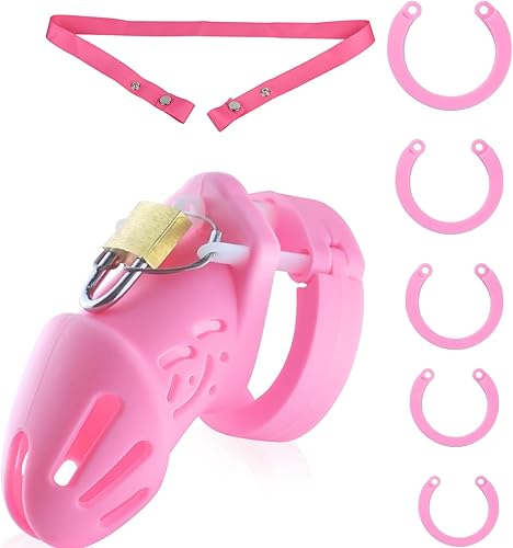 Jaula de castidad con cinturón de castidad, jaula de silicona para pene y correa, dispositivos de castidad masculina, 5 anillos de sujeción para