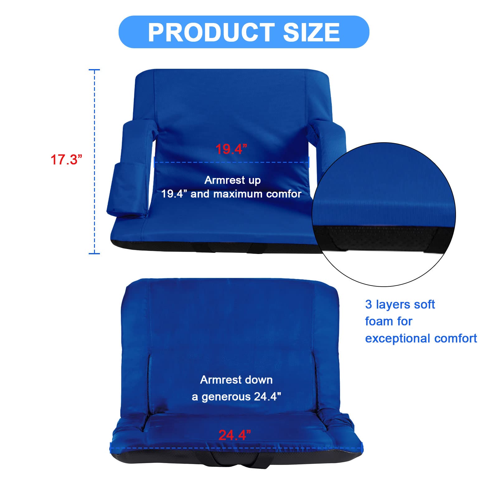 Bleacher Seat 24” Wide for Bleachers,Folding Stadium Chair Lightweight with Back Support,Thick Padding,Anchor Straps and 4 Pockets,Waterproof&Durable,Ideal for Sport Events,Camping