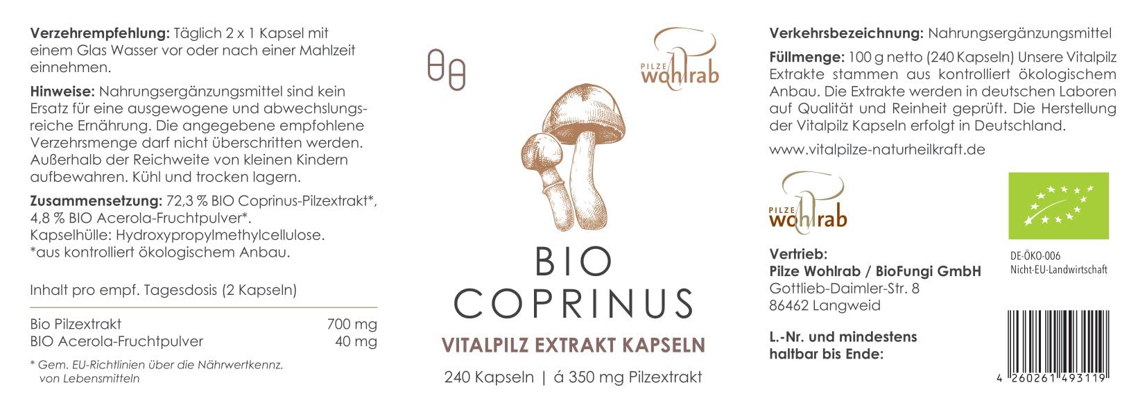 Coprinus Extrakt Kapseln Bio, Reines Schopftintling Vitalpilz Extrakt, Acerola Vitamin C - Bio-Qualität - 240 Kapseln