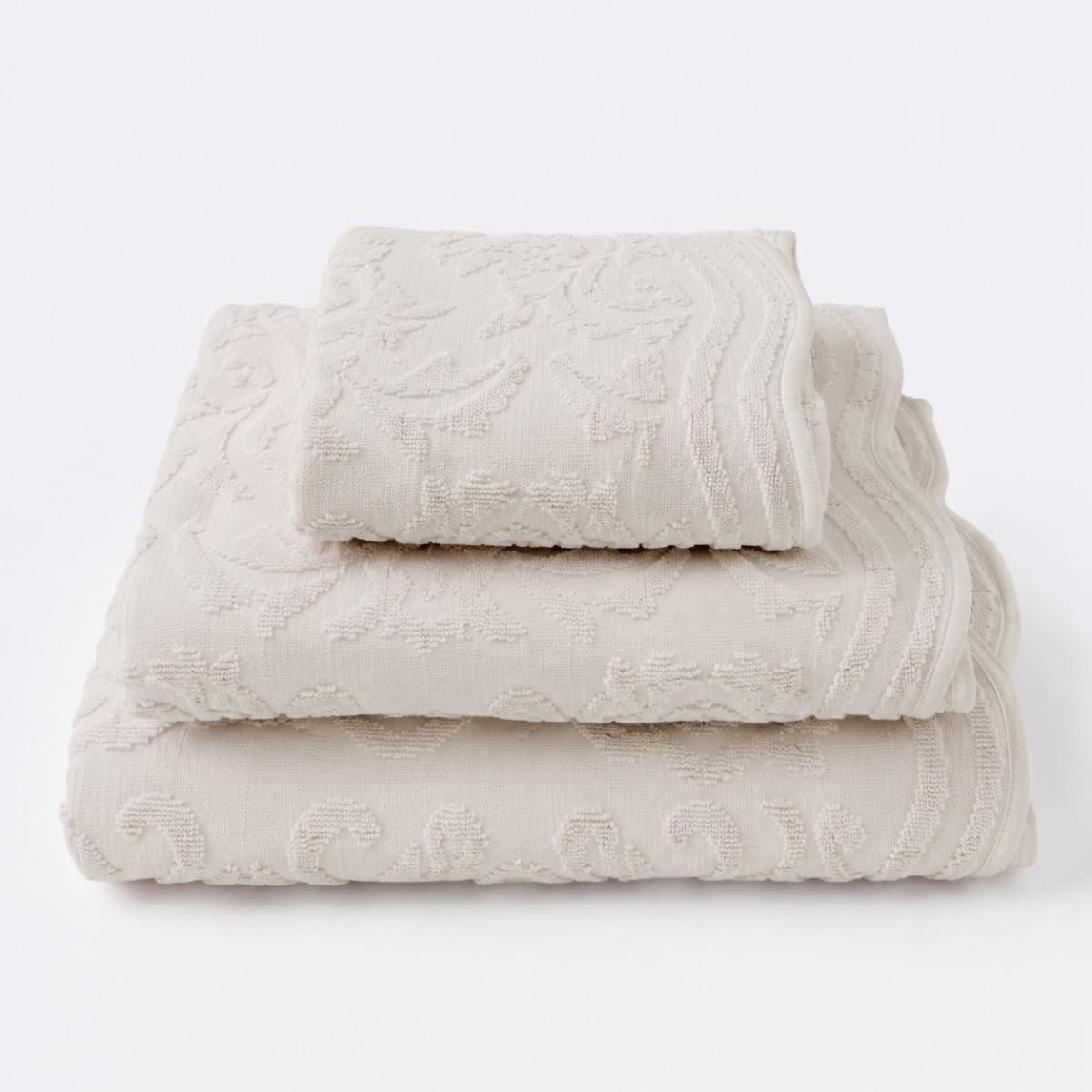 Allure Gracie Jacquard Scalloped Towels - 100% Cotton, Soft & Absorbent Floral Damask Patterned Bath Towels with Wavy Scallop Edge & Hanging Loop (Light Grey, 2 x Hand Towels)