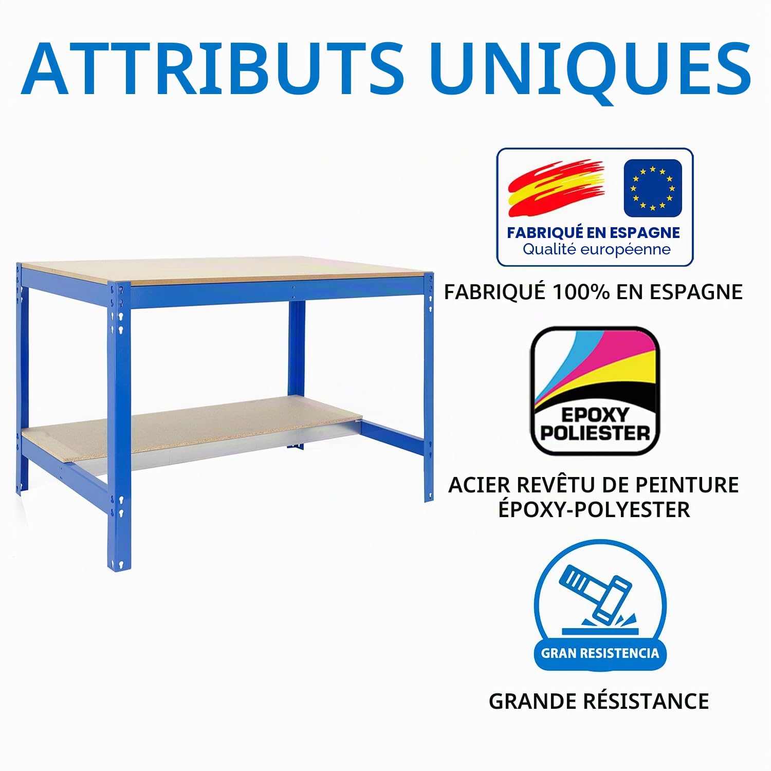 SimonRack Etabli d’Atelier, Capacité de Charge 600 kg, 842x1210x760 mm, Étagère Tiroir de Rangement, Table de Travail Bricolage, Bleu/Bois - BT0