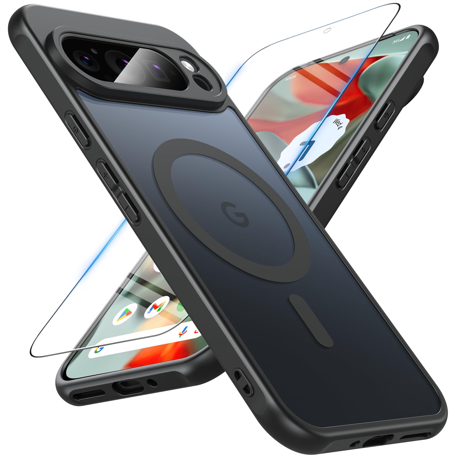 Hensinple Cover Magnetica per Google Pixel 9 Pro XL con Vetro Temperato, Compatibile con MagSafe, Custodia Traslucida Opaca Posteriore Resistente ai graffi TPU Bumper Antiurto Protettiva Case, Nero
