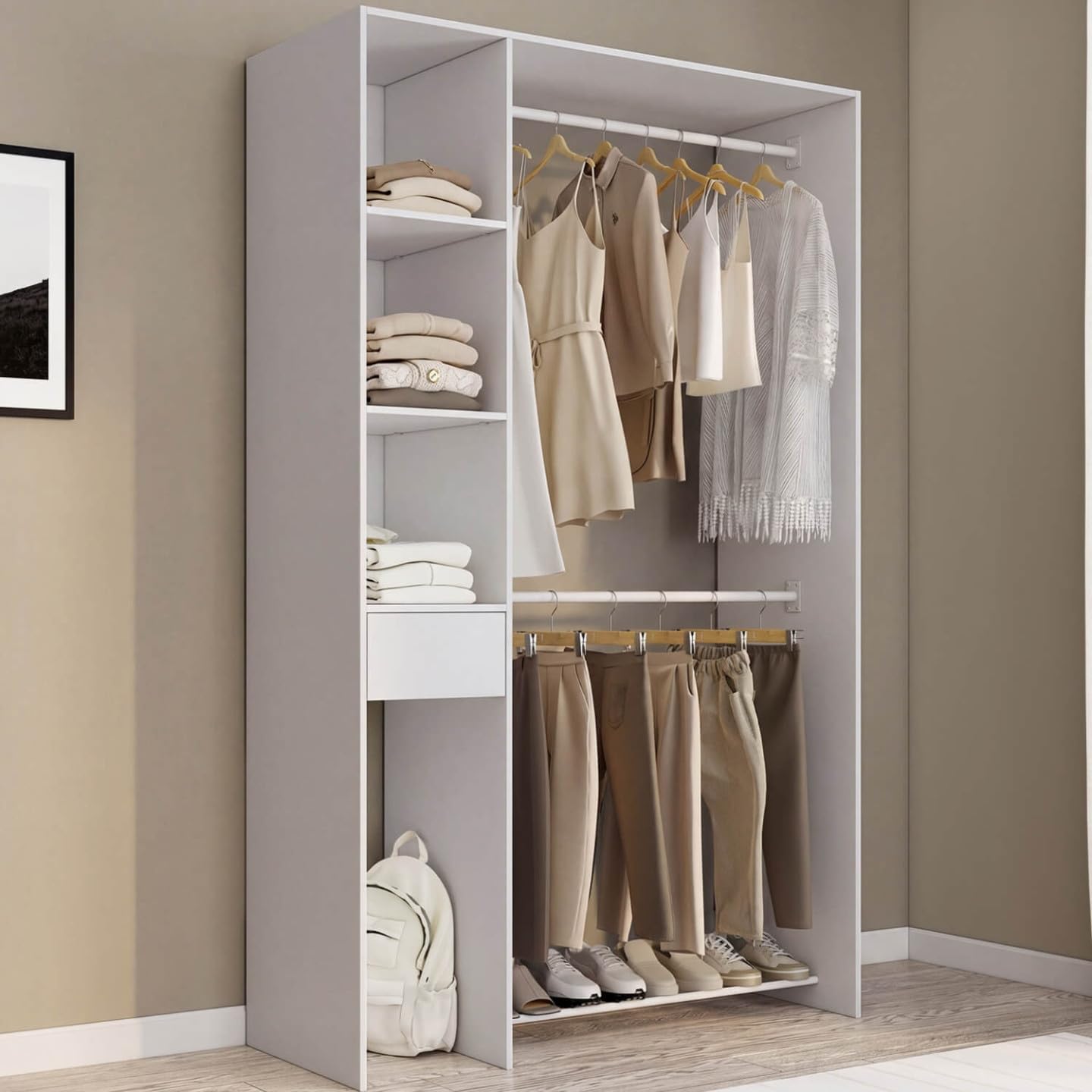 IDMarket - Armario doble L. 110 cm MIRTY con estantes + cajón + zapatero, color blanco
