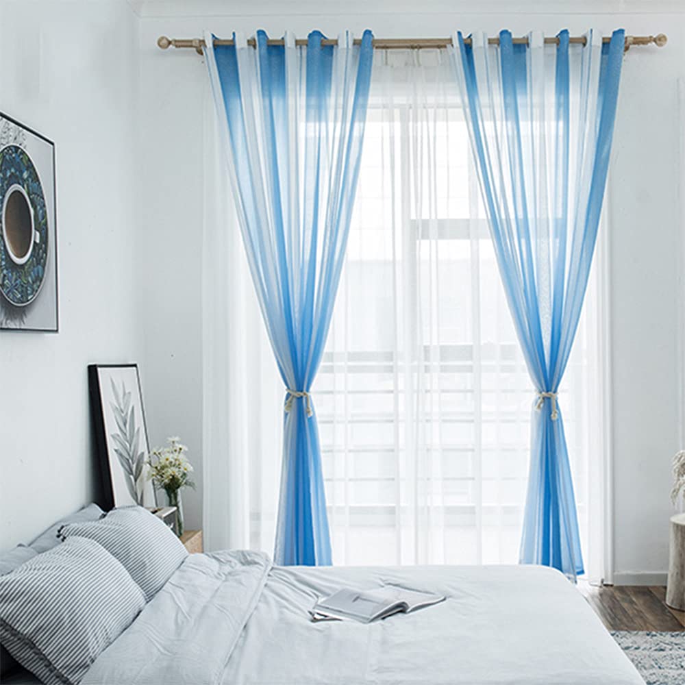 Hiseng Voile Vorhänge mit Ösen Durchsichtig Halbtransparent Ösenvorhang für Fenster Wohnzimmer Schlafzimmer Moderne und Elegante Transparent Gardine 2er Set (Blaue Streifen,137x160cm)