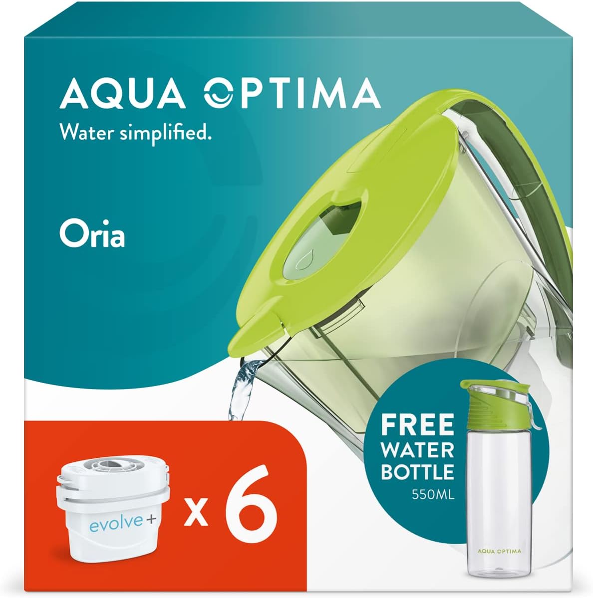 Aqua Optima Oria Carafe Filtrante et 6 Cartouches Filtrantes Evolve+ 30 Jours, Capacité 2,8