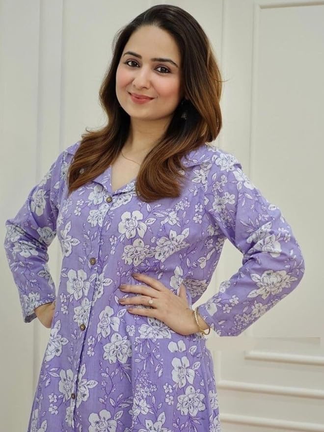 Image of Women's Cotton Kurta with Trousers Set, Floral Print, Regular Fit