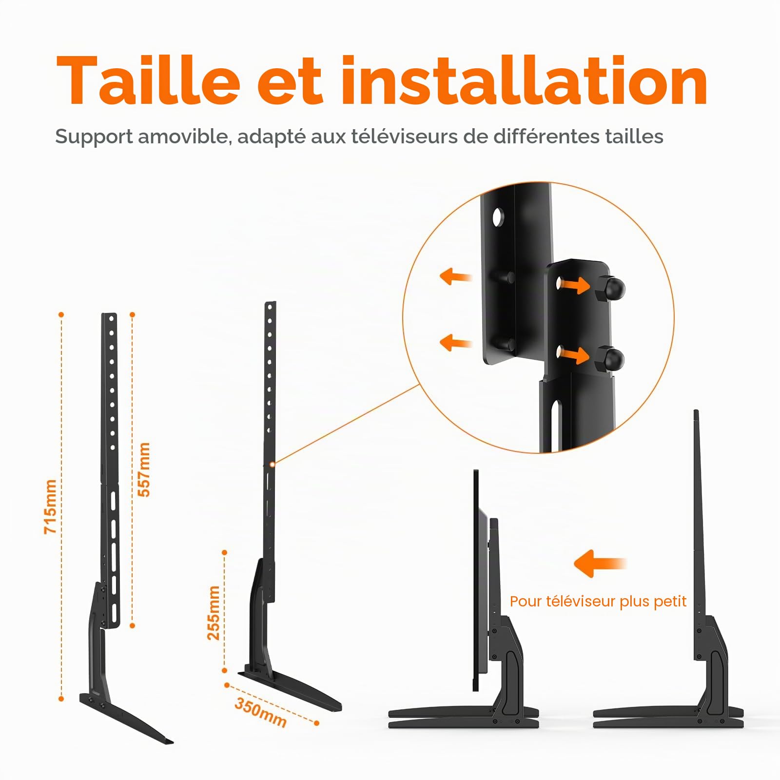 GRIFEMA Pied TV Universel pour Téléviseurs 22"-80", Hauteur Ajustable, Supporte Jusqu'à 50kg, VESA Max 800x400mm, Montage Facile - Noir