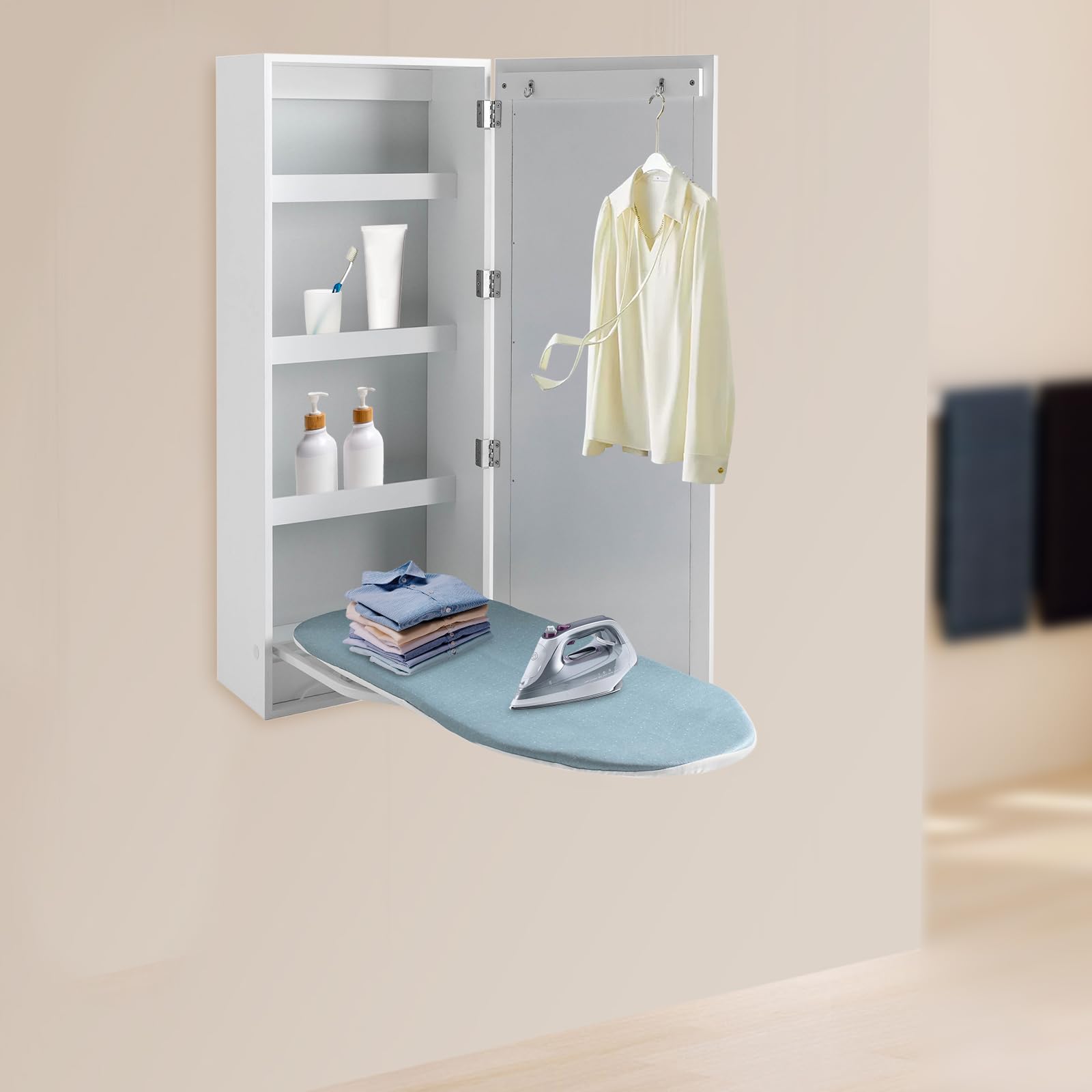 Wall-Mount Ironing Board Cabinet with Swivel Foldable Board, Built-in Storage & Mirror, White