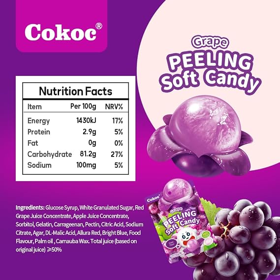 COKOC Peelable Gummies Grape Candy,Peeling Gummies Grape Candy,Individual Packaging 2.64oz Each(Total 225g) Peelable Fruit Candy,Individually Wrapped