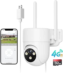 LIWAN 4G LTE Cellular Security Camera Wired Outdoor, No WiFi Security Camera, Plug-in for 24/7 Recording, 360° View, 2K Color Night Vision, 2-Way Talk, Built-in SIM Card and 32G Memory Card, White asin的图片