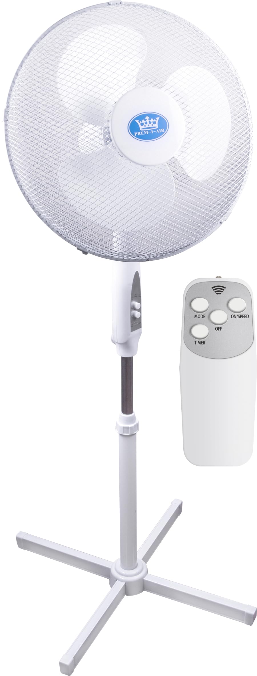 Prem-i-air White 16 Inch Powerful Low Noise Oscillating Cooling Pedestal Fan with 3 Airflow Speed Settings, Height Adjustment, Adjustable Head and Remote Control. For Use in Homes and Offices