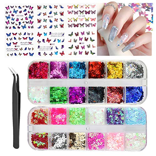 24 Colors Butterfly Glitter for Nail Art, 3D Butterfly Sequin Glitter Flakes, 48 pcs Acrylic Butterfly Nail Stickers with Tweezers for Nail Art Decoration