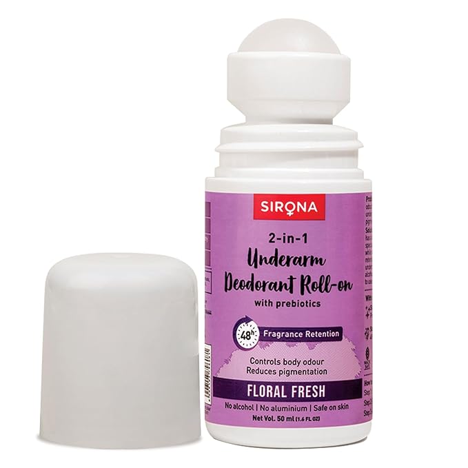Sirona Underarm Roll On with 0.5% Prebiotic, 0.5% Niacinamide & 0.1% Hyaluronic Acid | Prevents Body Odour & Exfoliates Underarms | Floral Fresh Fragrance | Alcohol & Aluminium Free | 50 ml