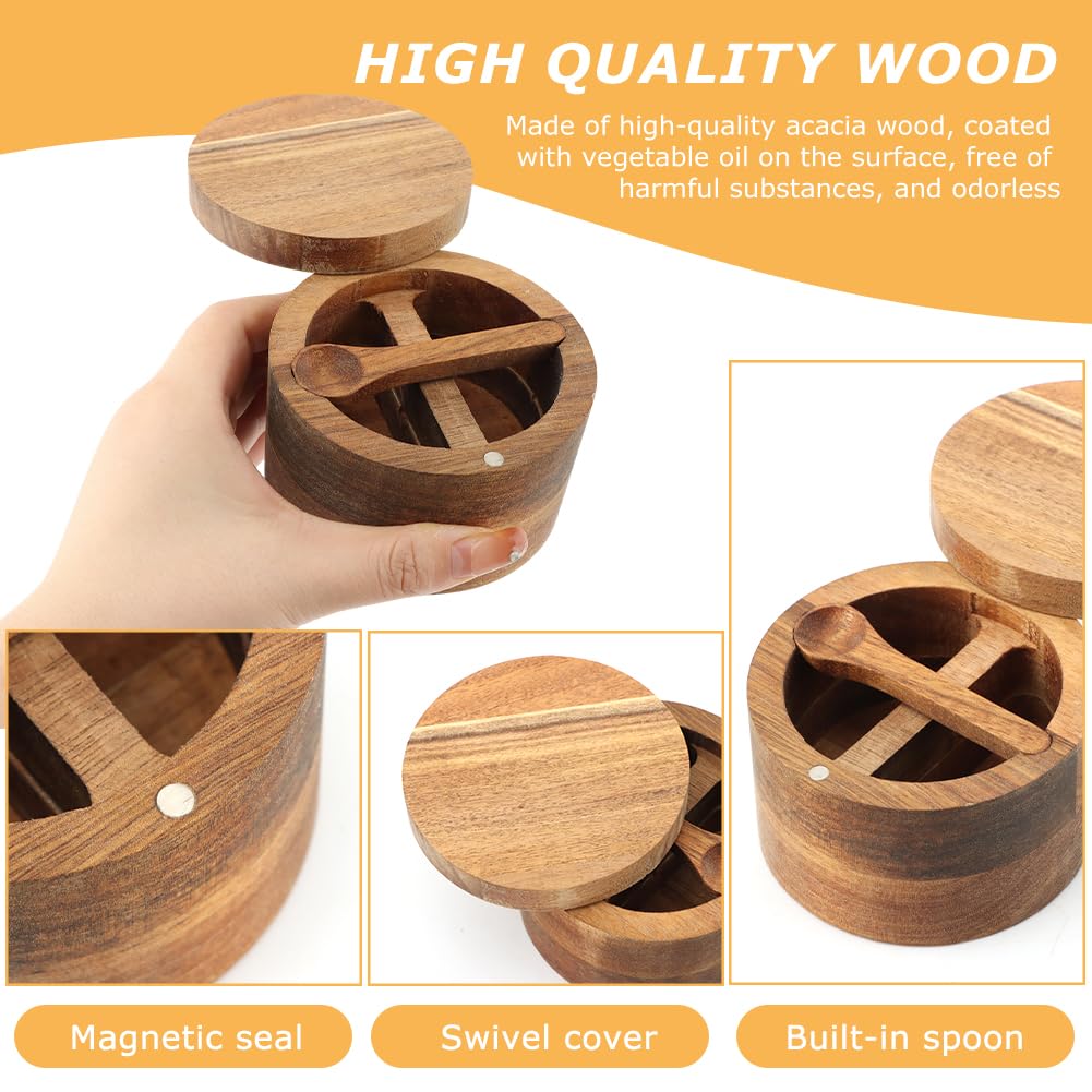 Cuenco de madera para sal y pimienta, con tapa giratoria y cuchara, contenedor redondo para sal y especias