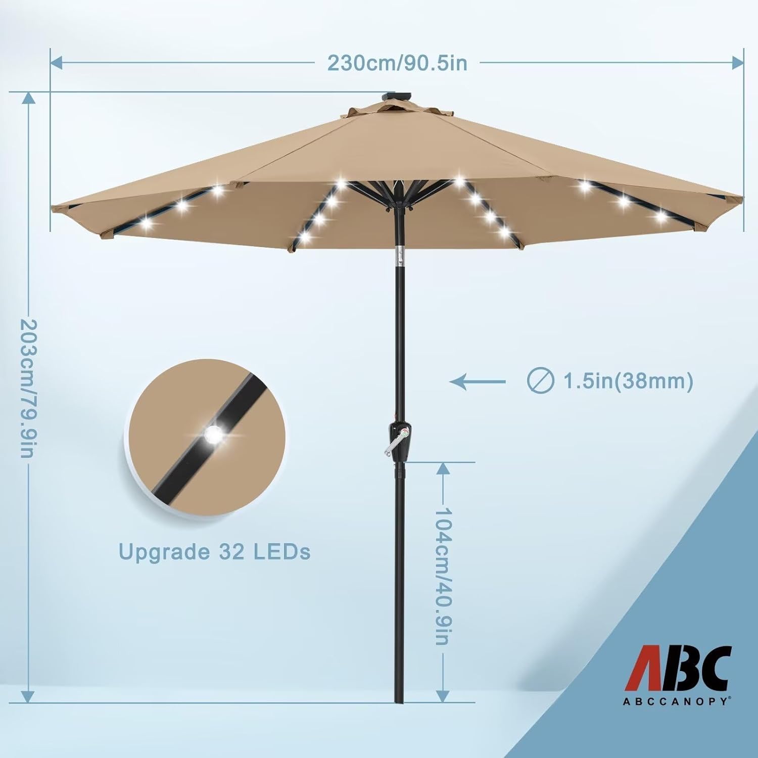 ABCCANOPY 7.5FT Durable Solar Led Patio Umbrellas with 24LED Lights (Khaki)