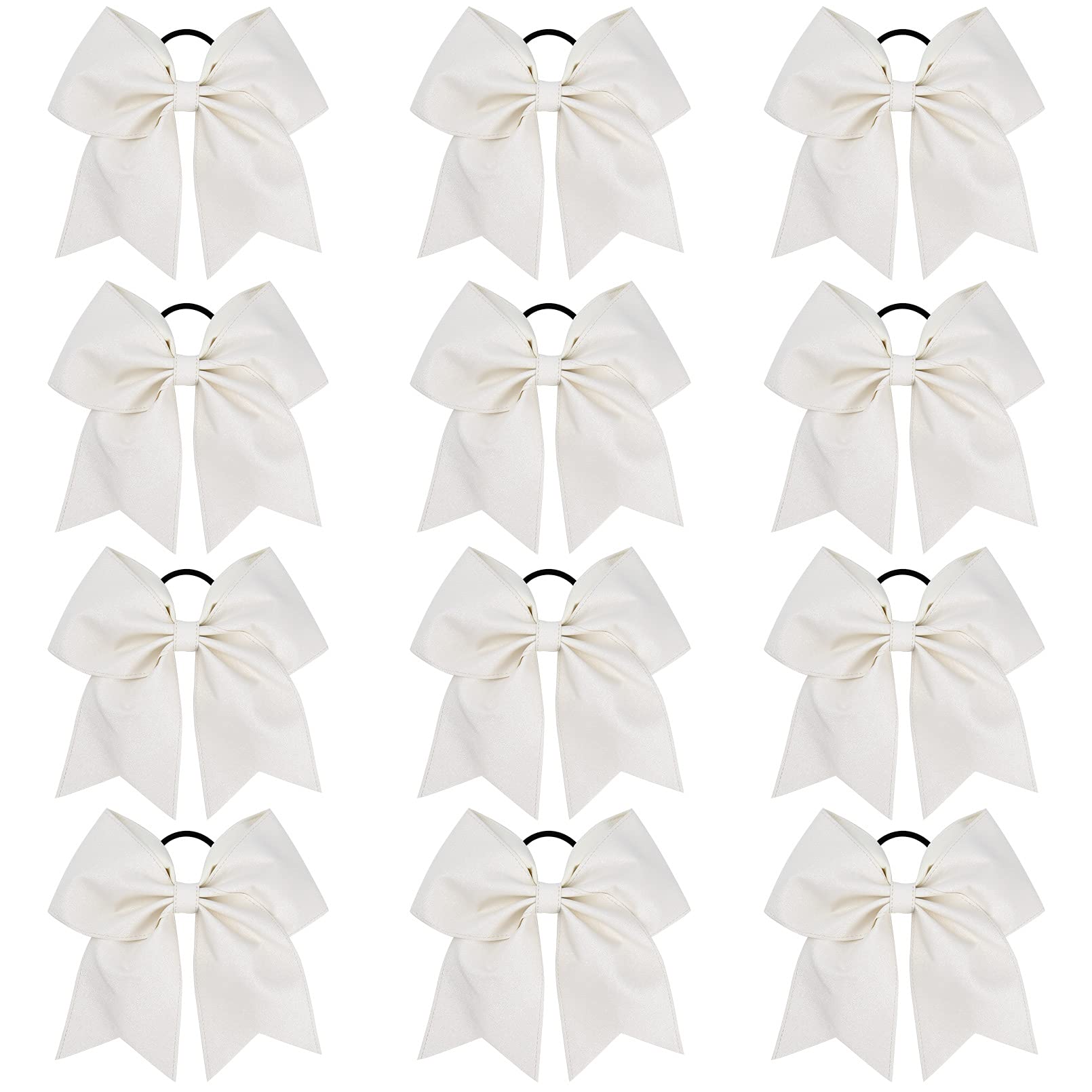 DEEKA 12 PCS 7" Large Glitter Cheer Bows Shiny Cheer Hair Bows Ponytail Holder Handmade for Cheerleader Girls Softball Sports -White