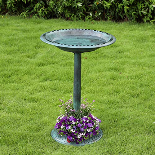 Vivohome 28 Inch Height Polyresin Lightweight Antique Outdoor Garden Bird Bath With Flower Planter Base Green #TOP30