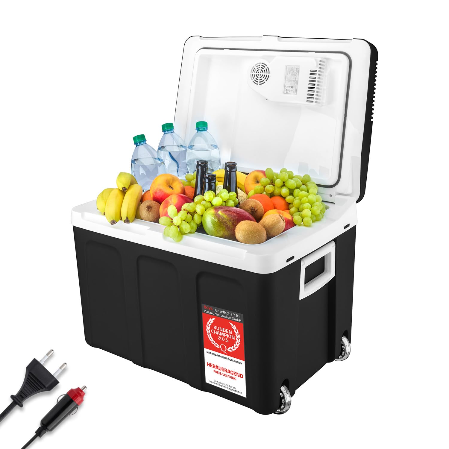 TZS First Austria - Kühlbox 45L elektrisch 12V 230V Anschluss für Auto & Steckdose - Thermoelektrische Cool Box kühlt & wärmt - Mini Kühlschrank mit Rollen - Für Camping, Festivals, Reisen - Schwarz