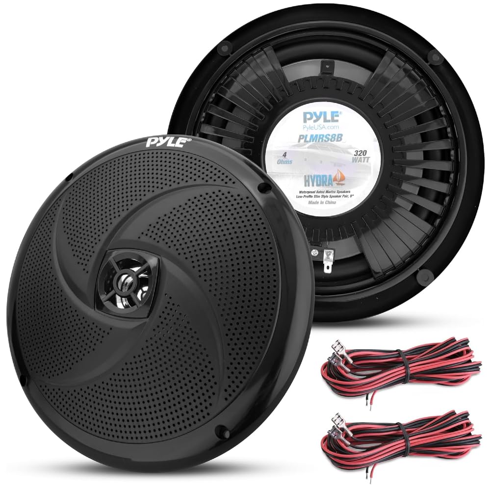 2 PLMRS8B Altavoces Marinos fullrange, 2 vías, 8" 23,9 cm 239 mm, 160 vatios RMS, 320 vatios máx., 4 ohmios, Resistentes al Agua, para embarcaciones, Color Negro, par + Cables Gratis