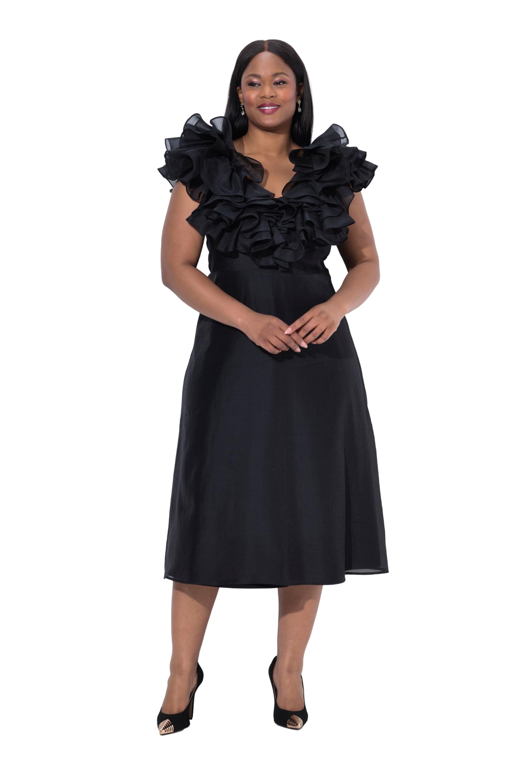 Ulla Popken Damen große Größen Übergrößen Plus Size Abendkleid, Rüschen, V-Ausschnitt, ärmellos 843070