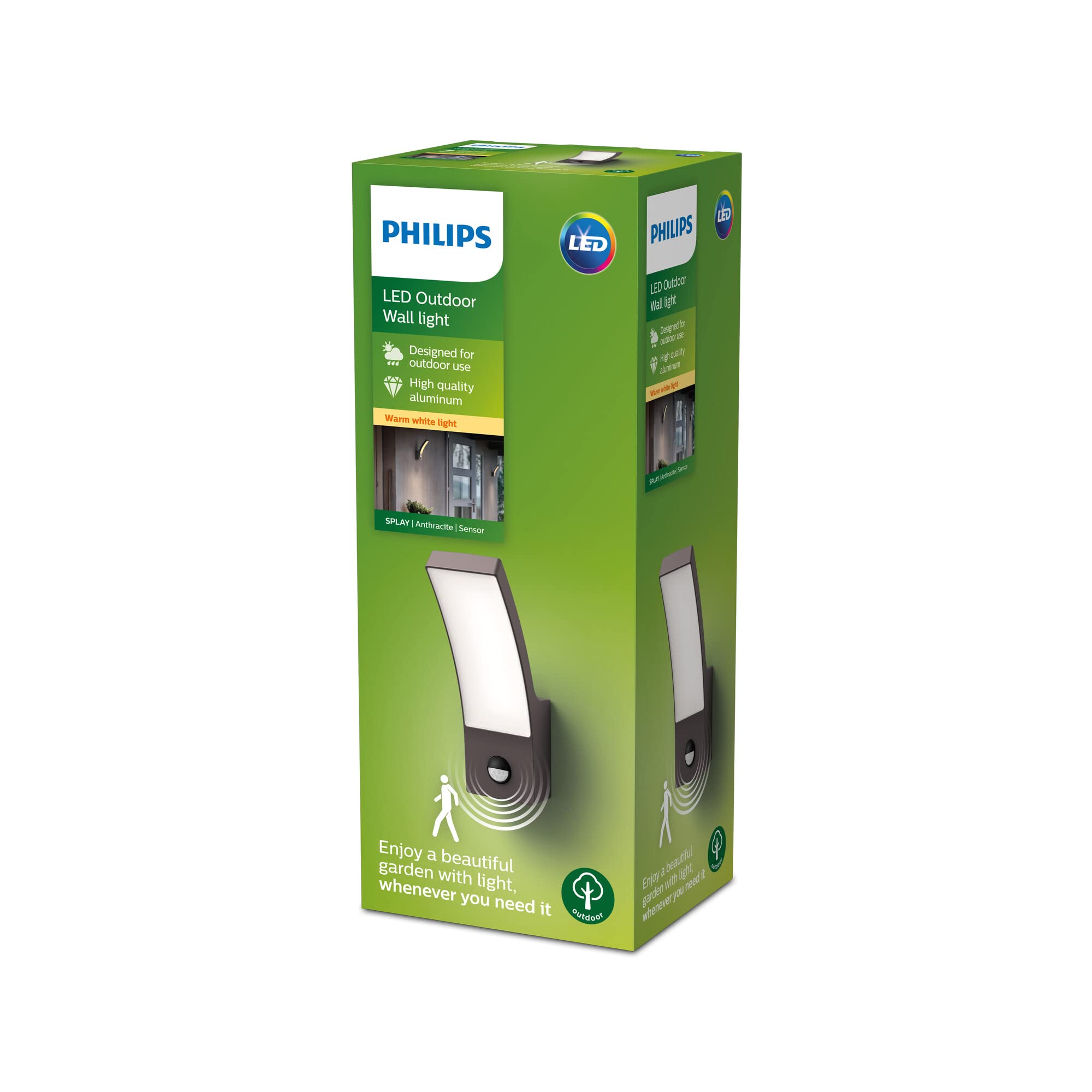 Philips Outdoor Splay LED Wandleuchte inkl. Sensor, 12W, Anthrazit, warmweißes Licht 2.700K, IP44 Schutzklasse, integriertes Leuchtmittel