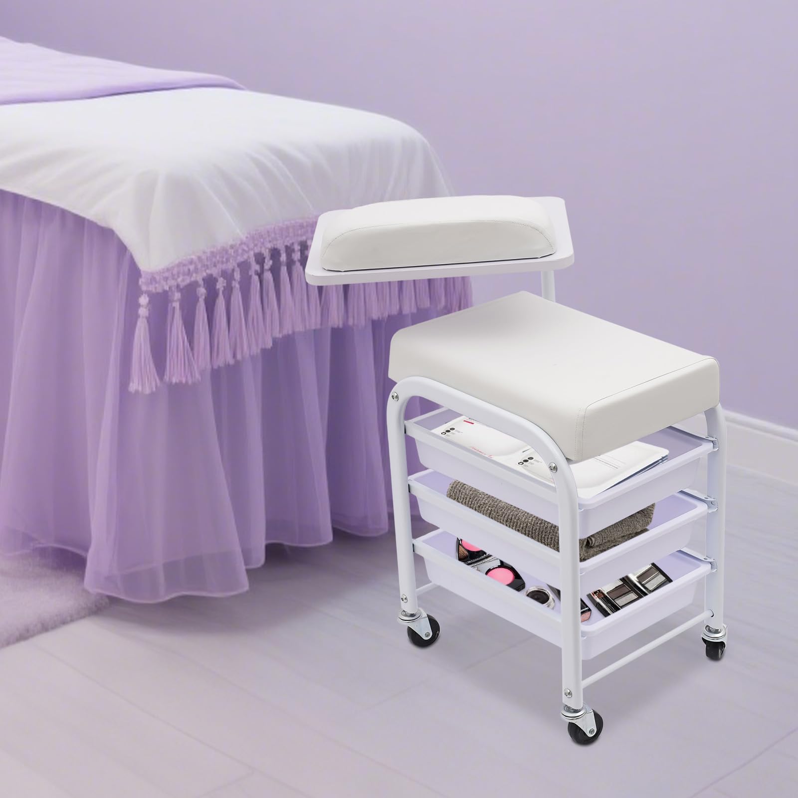 Wózek do manicure, pedicure, przenośny wózek do manicure z 3 szufladami i regulowaną tacą, do kąpieli stóp, SPA, na kółkach, biały