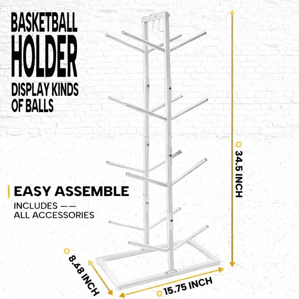56164 Space saving Basketball Holder for Boys Room Decor - 34.5 Tall Double Side Metal Ball Rack Display Stand for Basketball Football Volleyball Storage,Ball Holder Sports Decor - White