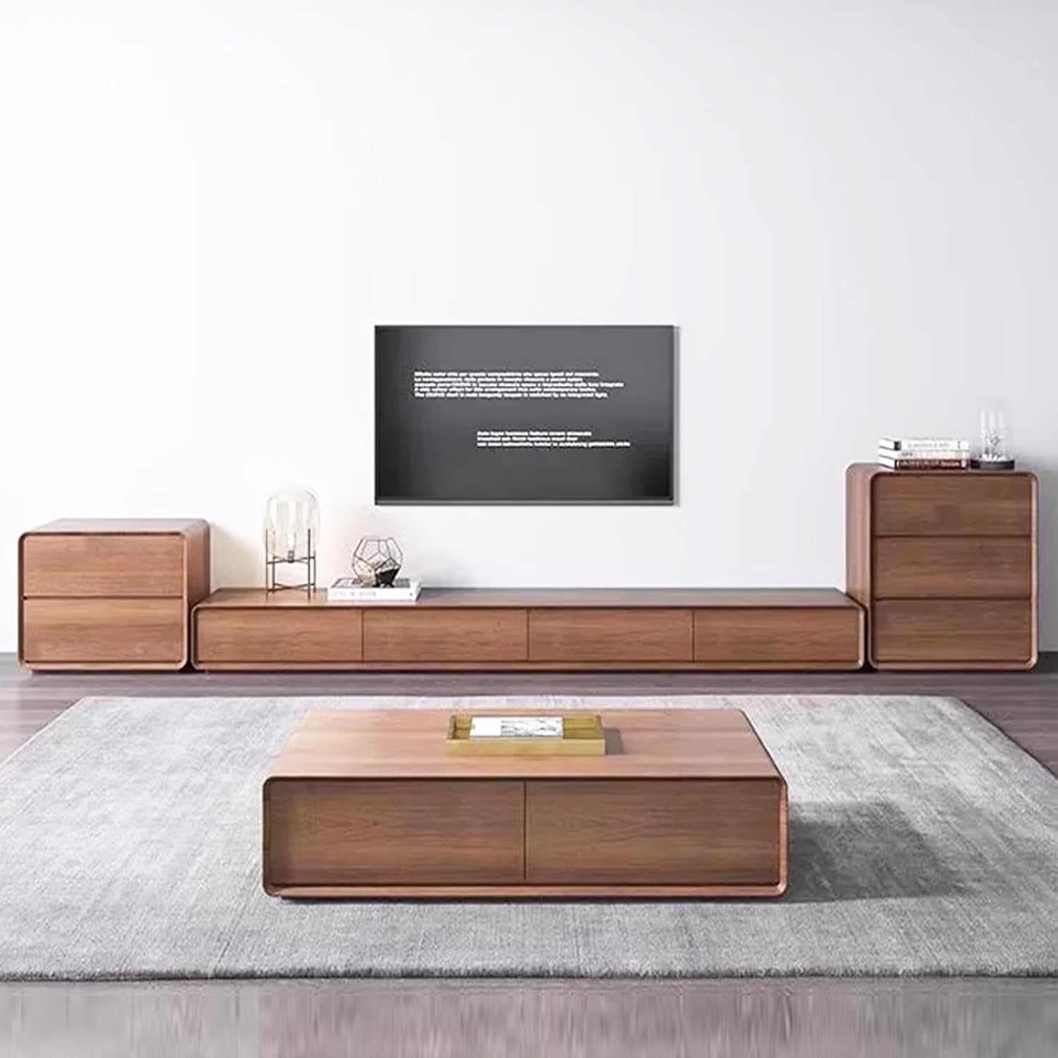 A wide shot of the TV stand integrated into a modern living room with a wall-mounted TV and other furniture.