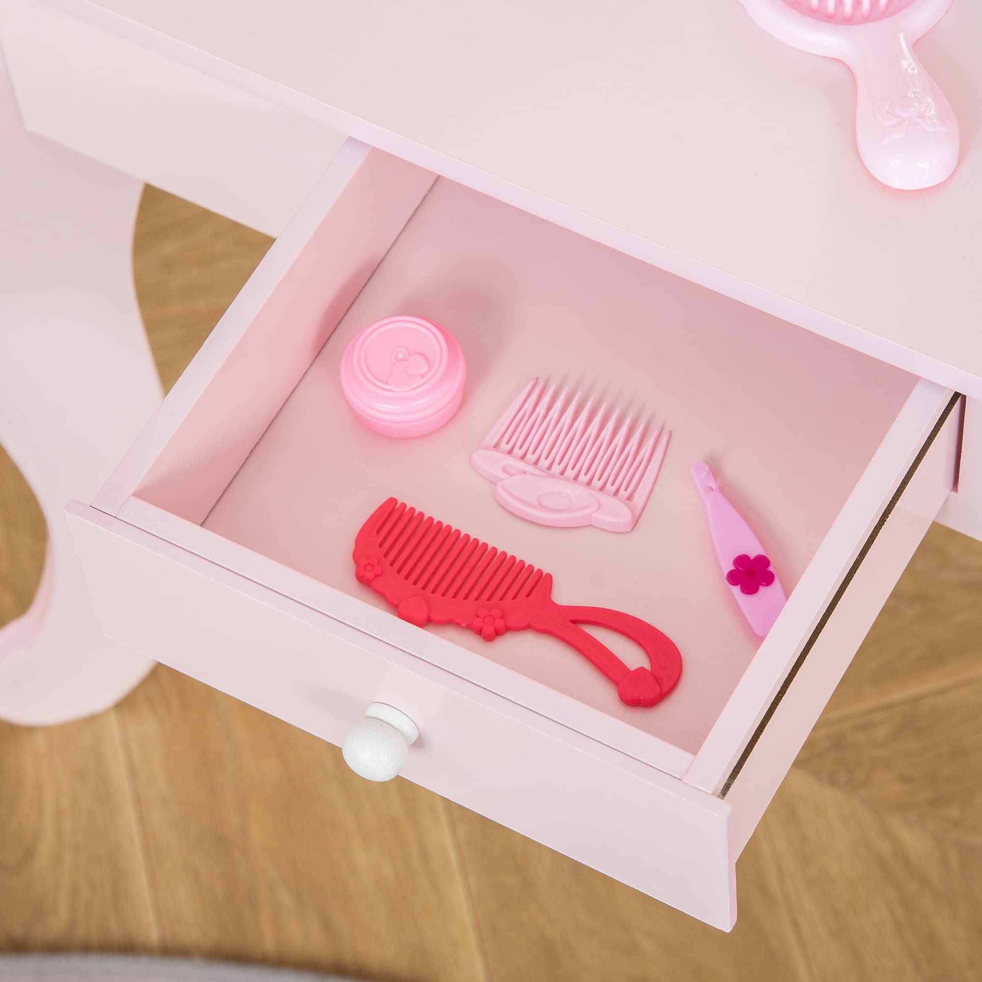 HOMCOM Toeletta Trucco Bambina con Sgabello in Legno, Postazione Trucco Bambina, Tavolo Trucco per Bambini 3-6 Anni con Specchio e Cassetto, Rosa
