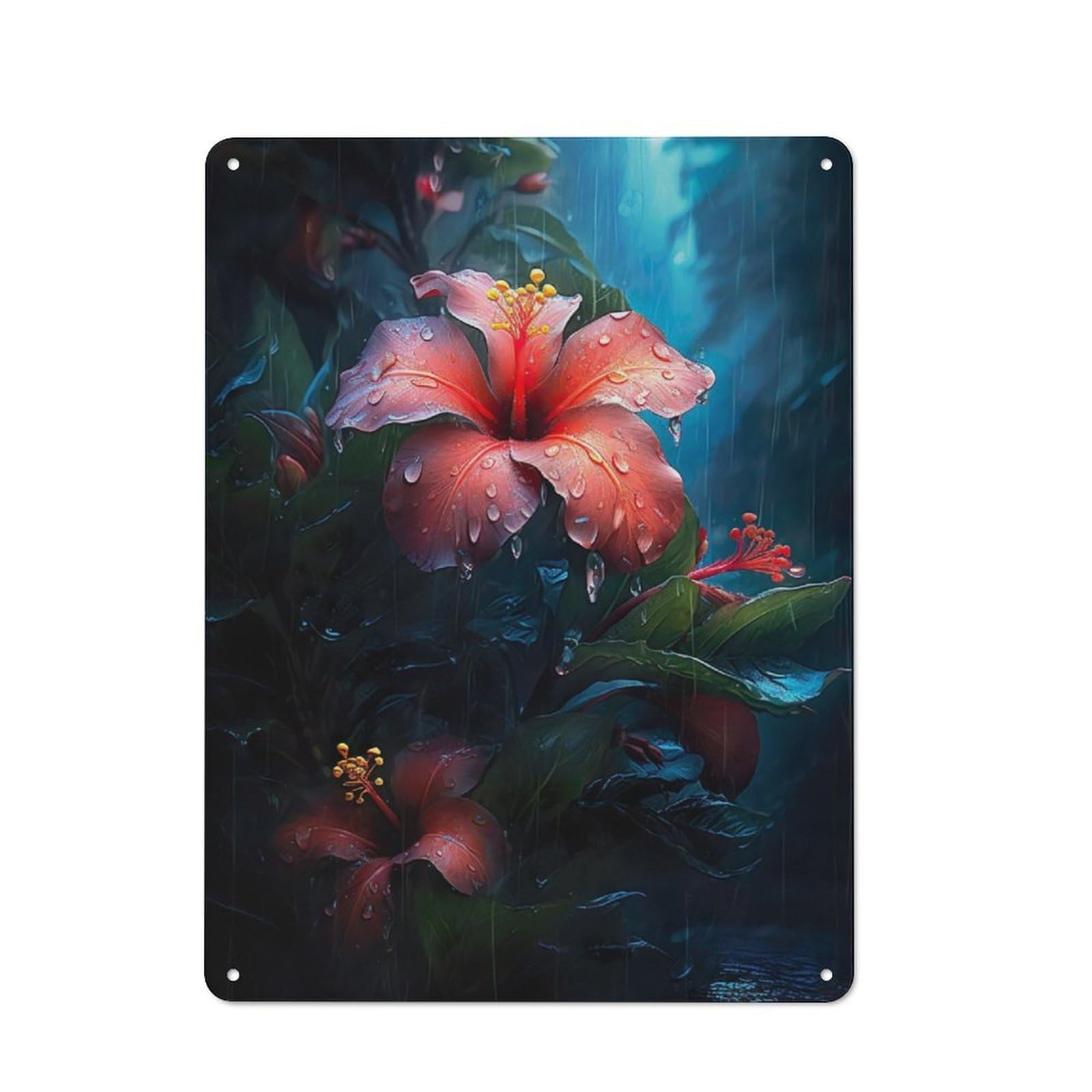 Junmoney Rainy Tropical Flower For Lounge Or Reading Corner, Rustic Tin Sign 40X30cm, For An Autumn Update To Lounge And Reading Corner