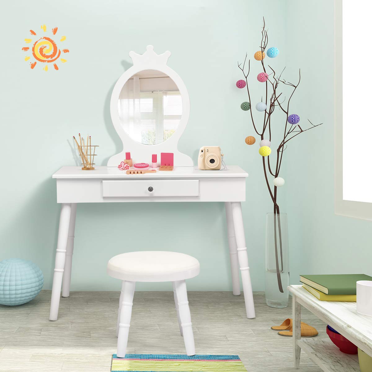 COSTWAY Coiffeuse avec Tabouret de Filles,Table de Maquillage pour Enfants, Style Princesse Européenne avec Tiroir et Miroir (Blanc)